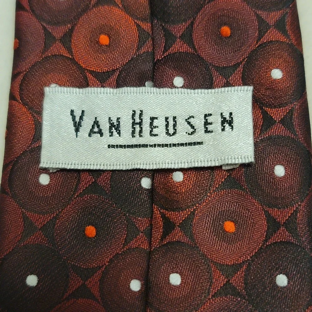 Van Heusen Necktie Mens OS Burgundy Red Geometric Circle‎ Pattern Polyester